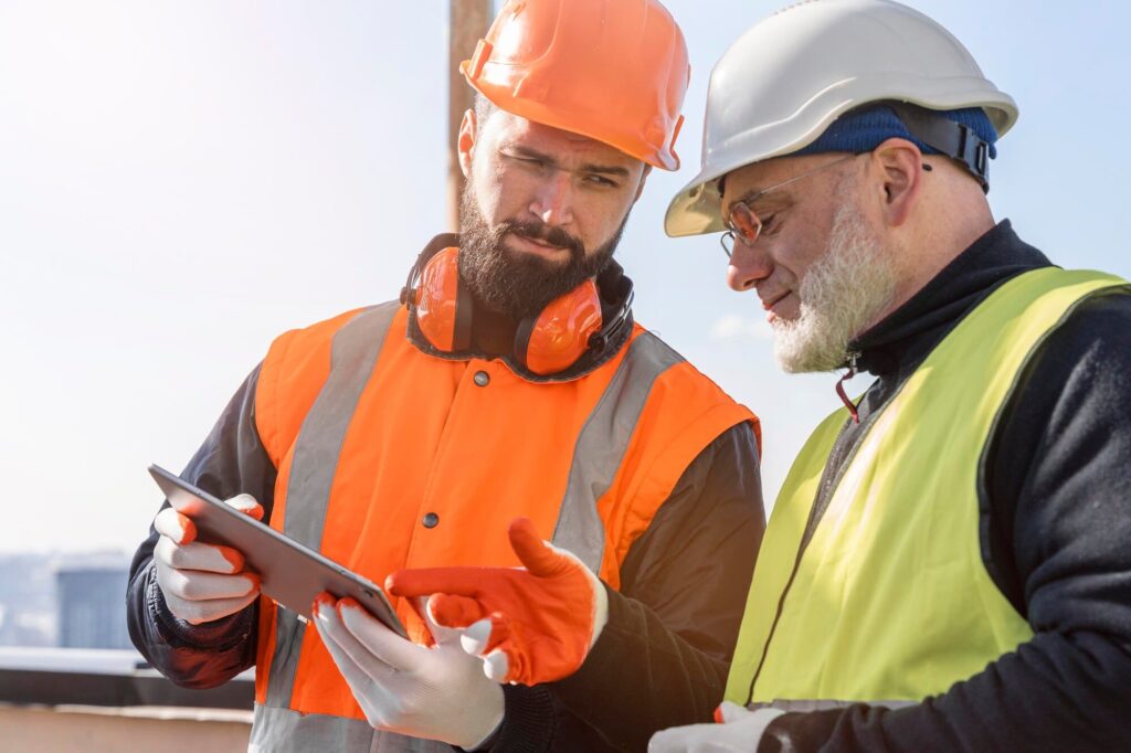 Deux professionnels du bâtiment sur un chantier qui consultent une tablette tactile