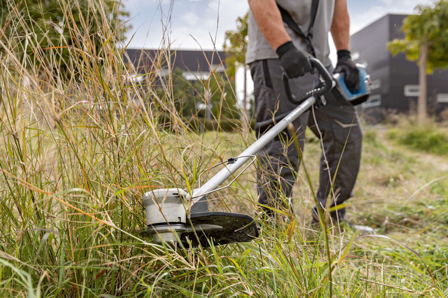 Professionnel qui débroussaille des hautes herbes avec la débroussailleuse sans-fil GFR 18V-23 Bosch Professional