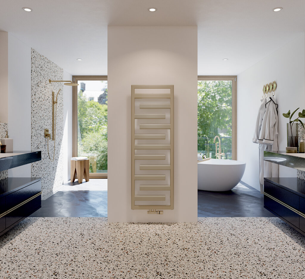 Radiateur sèche-serviettes graphique et contemporain Acova Kapla installé dans une salle de bains
